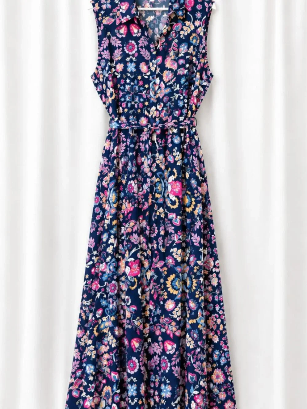 Croft & Barrow Floral Maxi Dress XL Navy Pink Sleeveless Tie Waist Cottagecore - Picture 2 of 5
